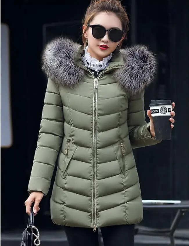 Army green Новинка, зимняя куртка, пальто, теплая Длинная женская парка, воротник из искусственного меха енота, Женское зимнее пальто, тонкая женская куртка - Цвет: Army green