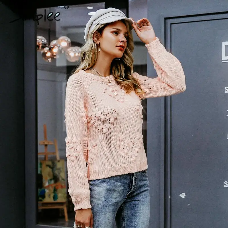 Simplee Pink hairball autumn winter sweaters ladies O neck long sleeve casual pullover New fashion loose knitted jumper