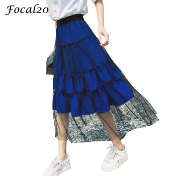 

Focal20 Streetwear Women Mesh Ruffles Skirt Layers Sweet Summer Elastic High Waist A-line Knee-Length Skirt Female