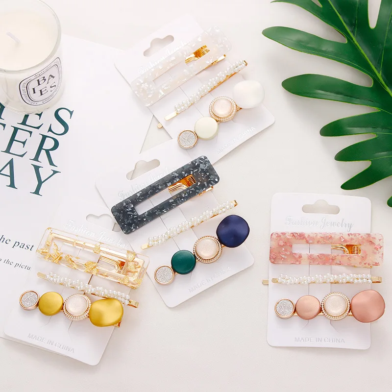 

3Pcs/set New Women Headwear Set Simple Macaron Pearls Hairpins Girls Acrylic Beads Hair Clips Geometric Hair Accessories Female