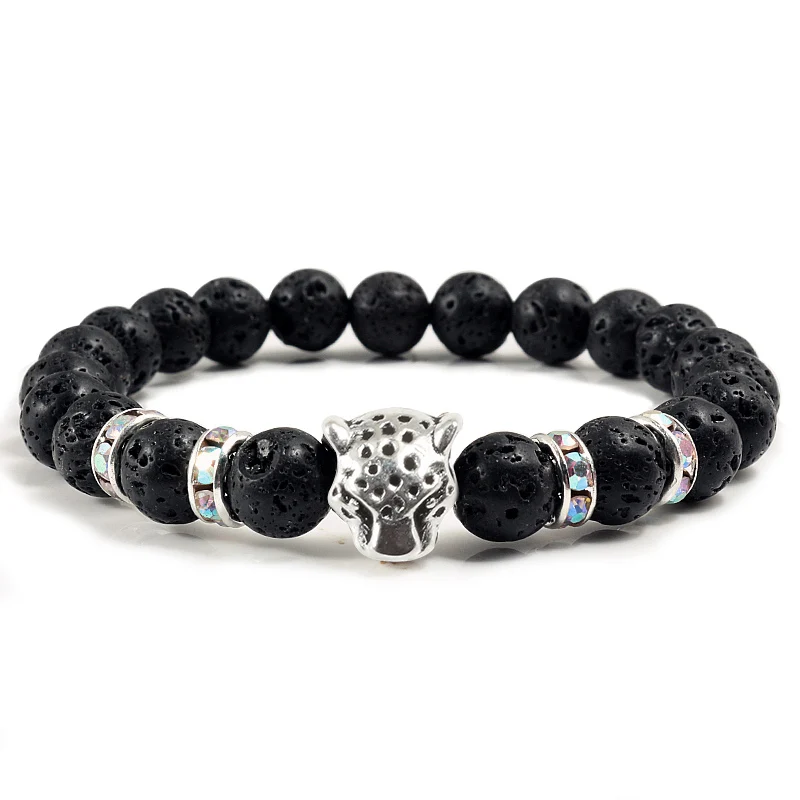 lava stone silver AB Natural Volcanic Stone Bracelet Charm Crystal Leopard Head Men Strand Beads Bracelets Bangles Fashion Women Yoga Lucky Jewelry - Окраска металла: lava stone silver AB