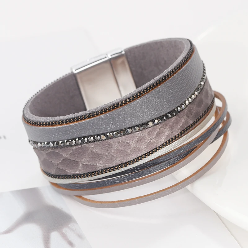 

Flashbuy Rhinestone Wide Leather Bangles for Women Rhinestone Wave Pattern Female Multilayer Bracelets Female Wholesale Bracelet