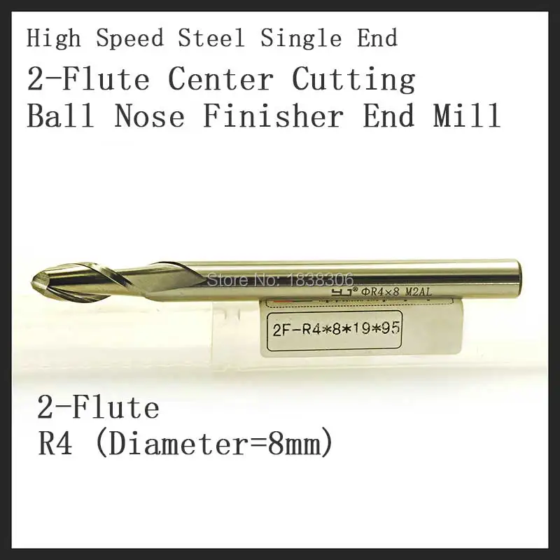 

High Speed Steel HSS Single End 2-Flute Center Cutting Ball Nose Finisher End Mill Uncoated (Bright) Finish