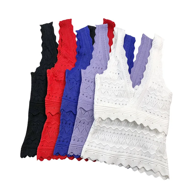 

White Short Tank Top 2019 Fashion Summer Knitted Crop top Hollow Out Casual Sleeveless Sexy V-Neck Woman Clothes Debardeur Femme