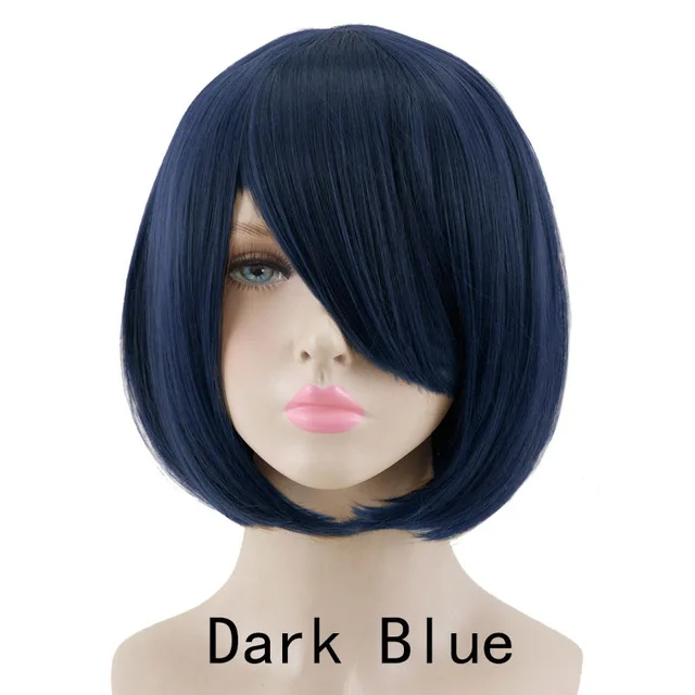 Allaosify, 23 цвета, 14 дюймов, Короткий прямой парик, коричневый, белый, синий, красный, высокотемпературные синтетические парики, вечерние парики для косплея - Цвет: dark blue