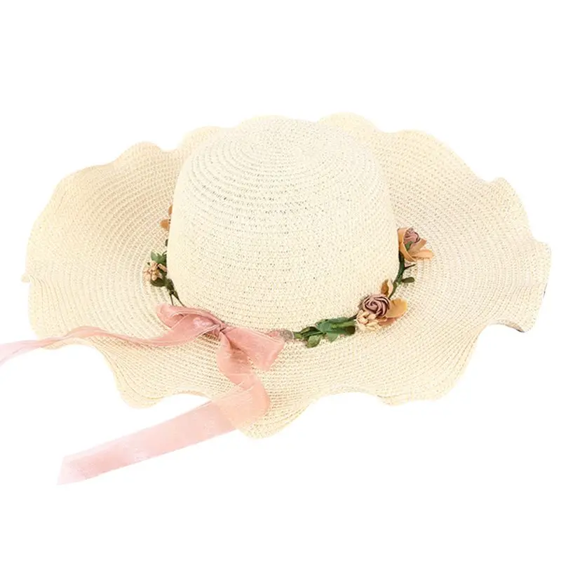 Женская летняя соломенная шляпа с козырьком от солнца, с оборками, с широкими волнистыми полями, искусственная цветочная гирлянда, венок, кружевная лента, Кепка с покрывалом, пляжная одежда