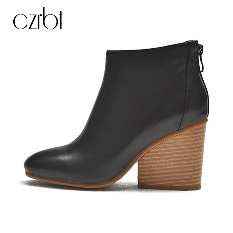 

CZRBT Genuine Leather Wedges Heel High Heel Boots Women Spring Autumn Cow Leather Black Chelsea Boots Round Toe Ankle Boots