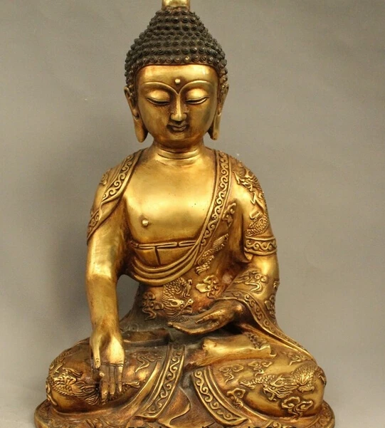 

shitou 002945 15" Chinese Buddhism Bronze Gilt Dragon Shakyamuni Sakyamuni Buddha Statue