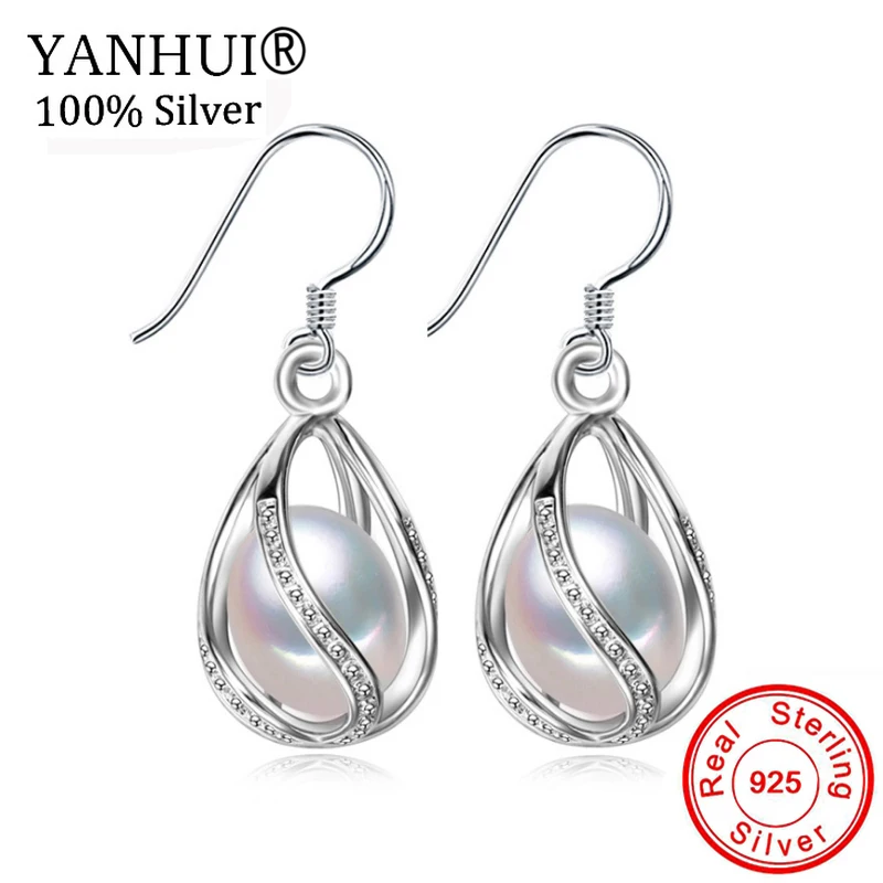 

YANHUI New Style 100% Natural Freshwater Pearl Drop Earrings 8-9mm Real Pearl 925 Solid Silver Zircon Jewelry for Women HE0110