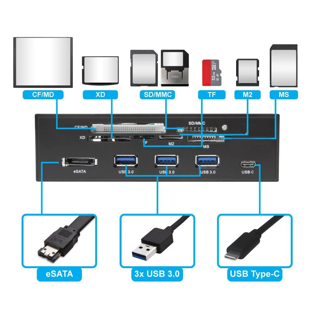 Lettore di Schede Interne Multifunzione da 5,25 Pollici Supporto per Pannello Frontale per PC M2, MSO, SD, MS, XD, 64G CF Card