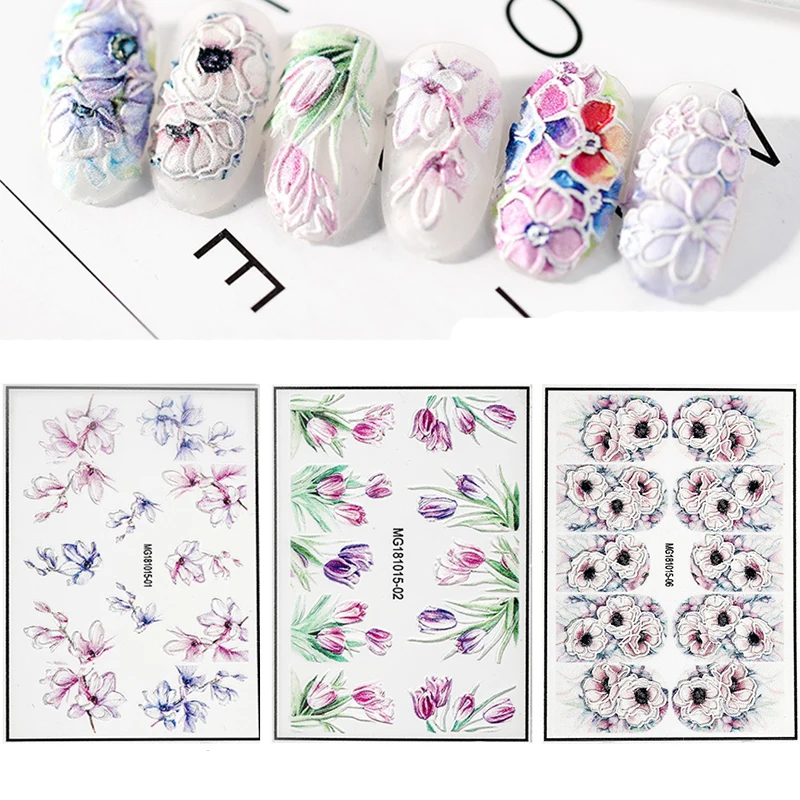 

mybormula 1 Sheet 3D Engraved Flower Nail Sticker Embossed Flower Acrylic Nail Water Decals Slide Decals 2019 New Arrivals