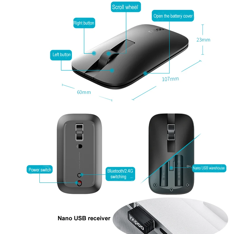 Rapoo M550 многомодовая беспроводная мышь USB для ноутбука Bluetooth 3,0, 4,0 и 2,4G 1300 dpi Bluetooth мышь мини-ПК мышь для дома и офиса