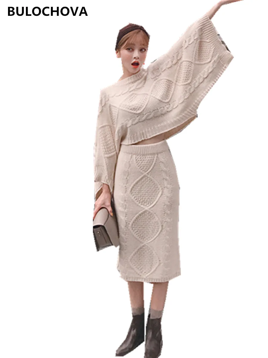 

Fat Womens Fashion Knitted Sweaters Suits 2019 Autumn Winter Women Bat Sleeve Tops + High Waist Split Long Skirt Set 2 PCS Sets