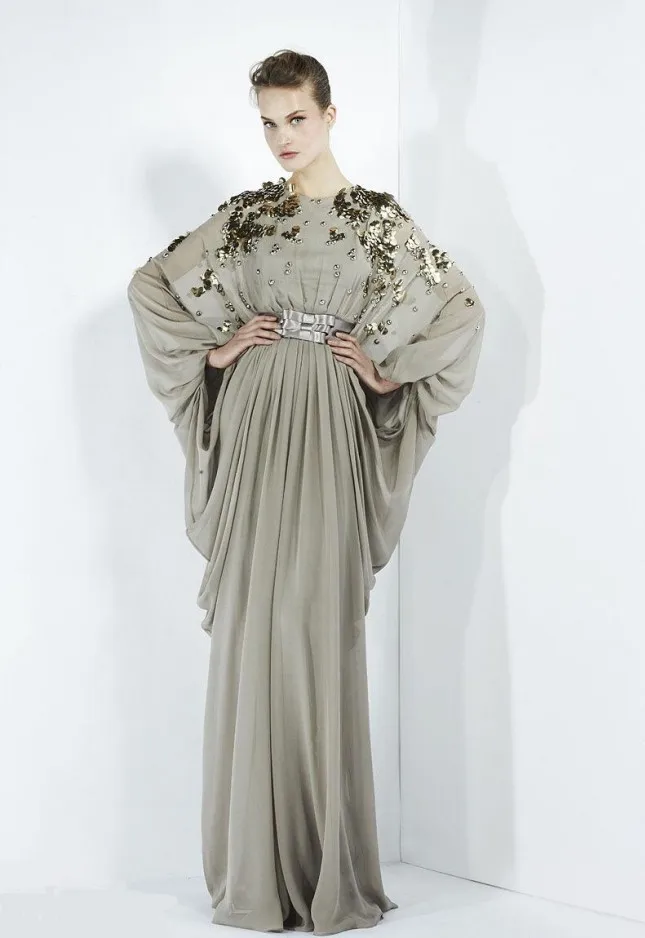 

2015 Lastest Design ! MU0004 Unique Long Sleeve Beading Sequins Bow Belt Flow Chiifon Muslim Evening Dress