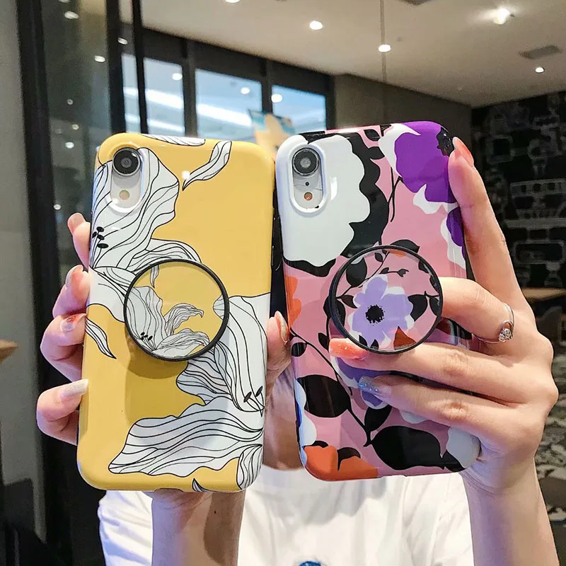 

Petals painted floral bracket phone Cases For iphone X XR XS XS Max Glossy soft silicone case back cover for 6 6s 7 8 Plus Capa