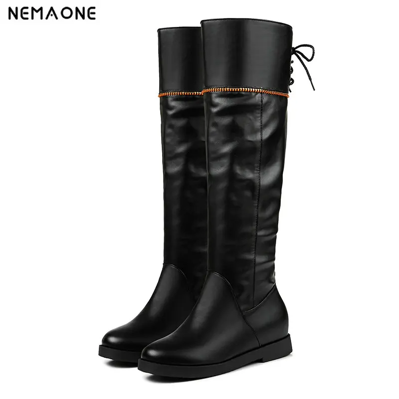 

NEMAONE 2018 New flat Women knee high Boots Autumn Winter Ladies boots Fashion low heels Boots woman Shoes large size 43