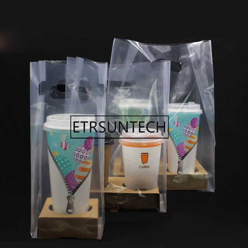 

100sets 1/2/4 Cups Kraft Paper Coffee Cup Holder Clear Plastic Bag Beverages Juice Coffee Milk Tea Take-away Packaging