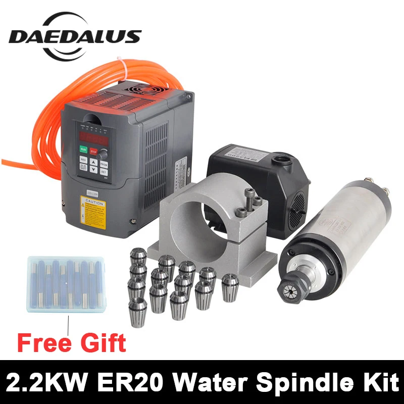 

CNC 2.2KW Spindle Motor 220V Water Cooled Spindle Motor 220v VFD Inverter 80mm Clamp 75W Water Pump 13pcs ER20 Collet 6mm Cutter