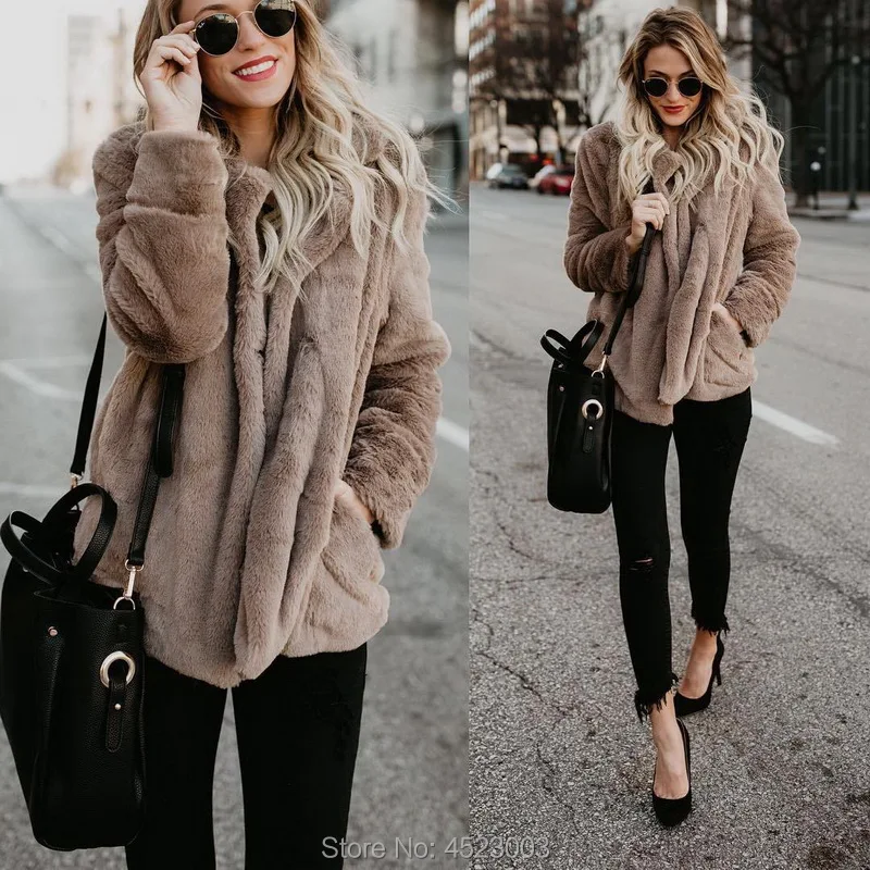

Women Winter Warm Faux Fur Coat Hoodies Solid Long Hooded Jacket Outwear Coats