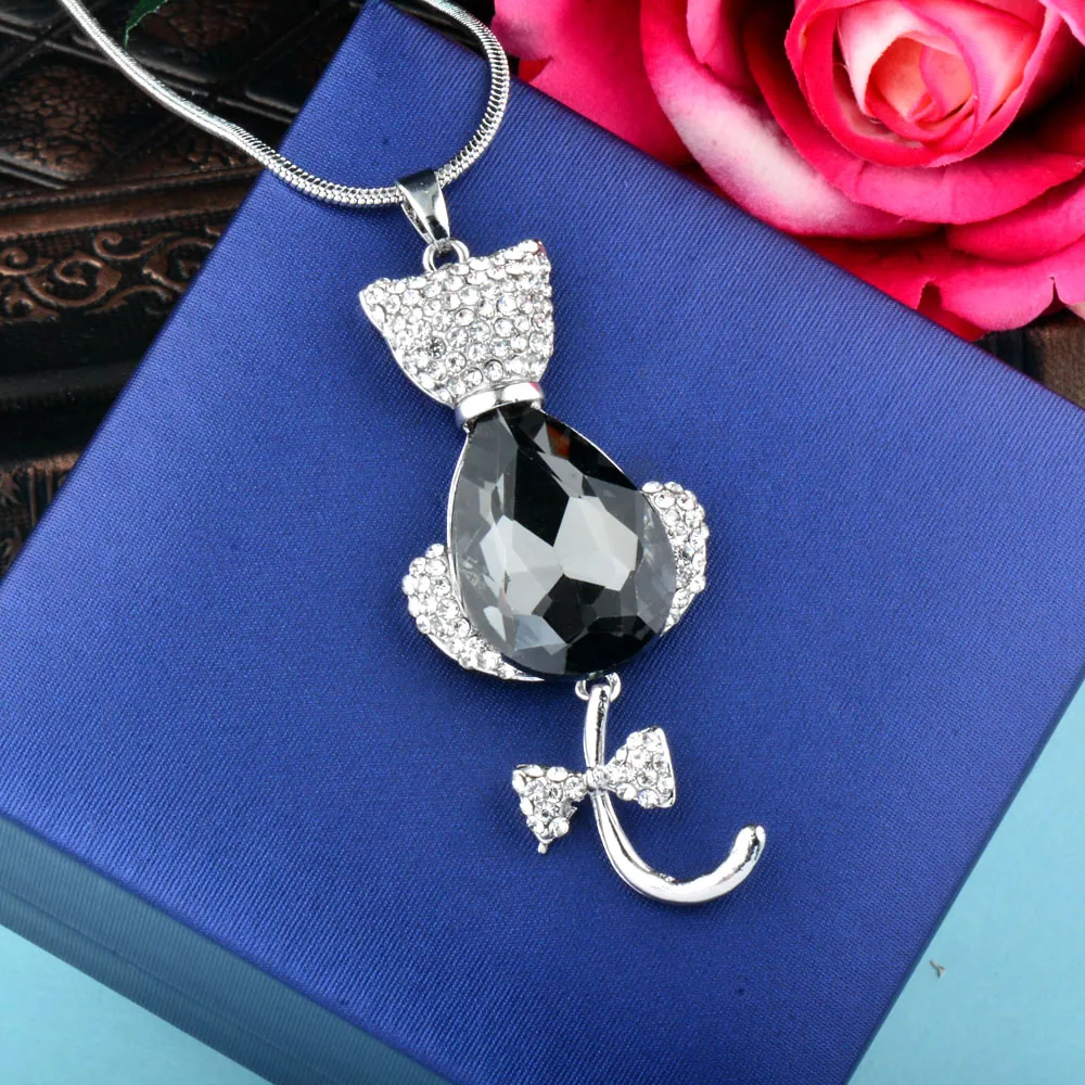 SINLEERY милое длинное ожерелье в виде кота из черного стекла для женщин, серебряная цепочка, ювелирные изделия в виде животных, бижутерия для женщин My416