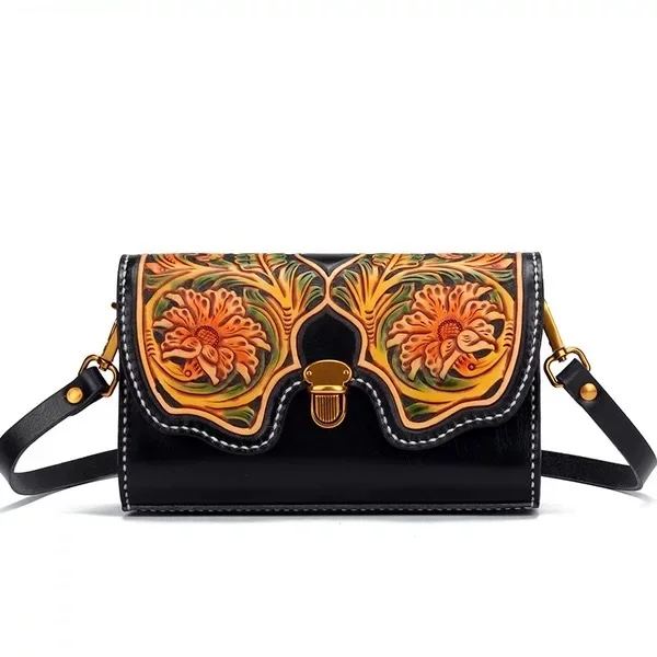 

Chinese National Style Hand Carved Flower Genuine Leather Women's Cross Shoulder Bag Female Clutch Purse Ladies Small Flap Bag