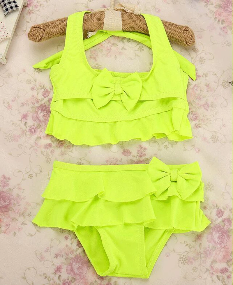 Новинка года; купальный костюм из двух предметов для девочек; розовый зеленый желтый однотонный милый детский летний купальник для девочек; пляжная одежда; купальный G36-K386
