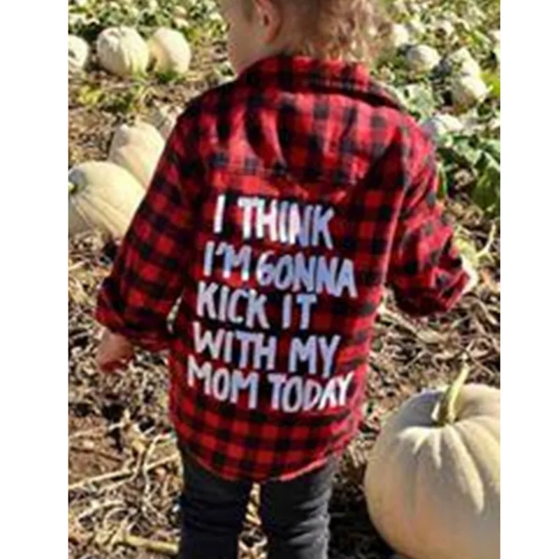 Shujin Kids Little Boys Girls Baby Letters Print Long Sleeve Button Down Red Plaid Flannel Shirt Spring Autumn New Fashion