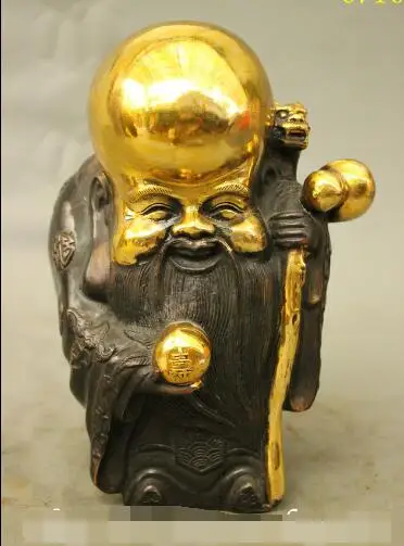 

S01134 9 Chinese Taoism Bronze Gilt Longevity Shou God Peach Crane Dragon Crutch Statue (B0413)