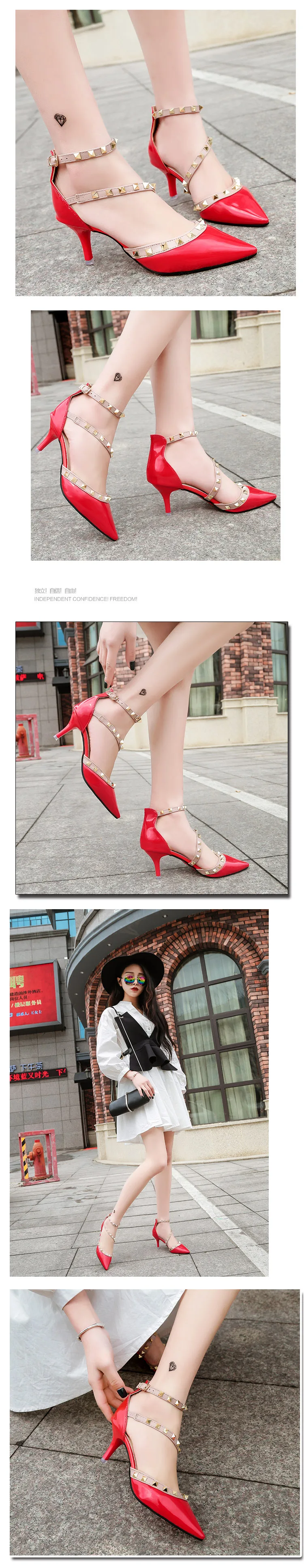 Brand Women Pumps Wedding Shoes Woman High Heels Nude Fashion Ankle Straps Rivets Shoes Sexy Bridal Shoes 6CM