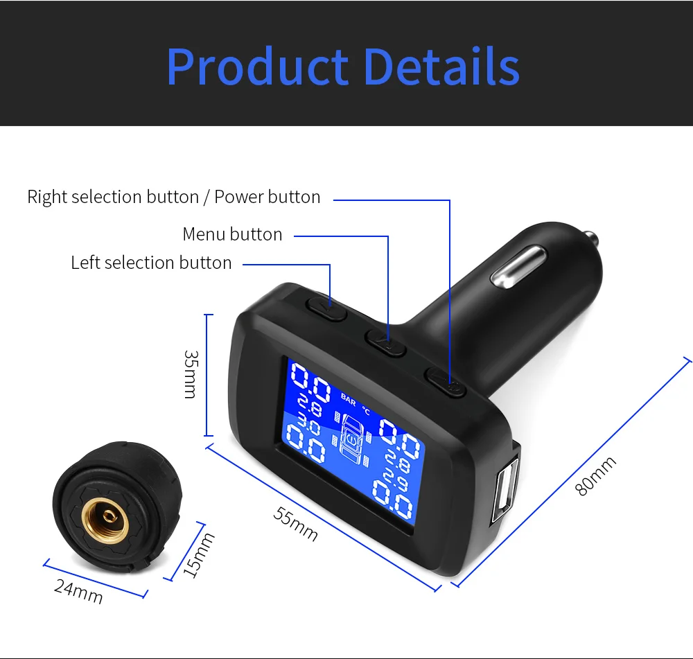 ZEEPIN TPMS автомобильная система контроля давления в шинах с 4 внешними/внутренними датчиками