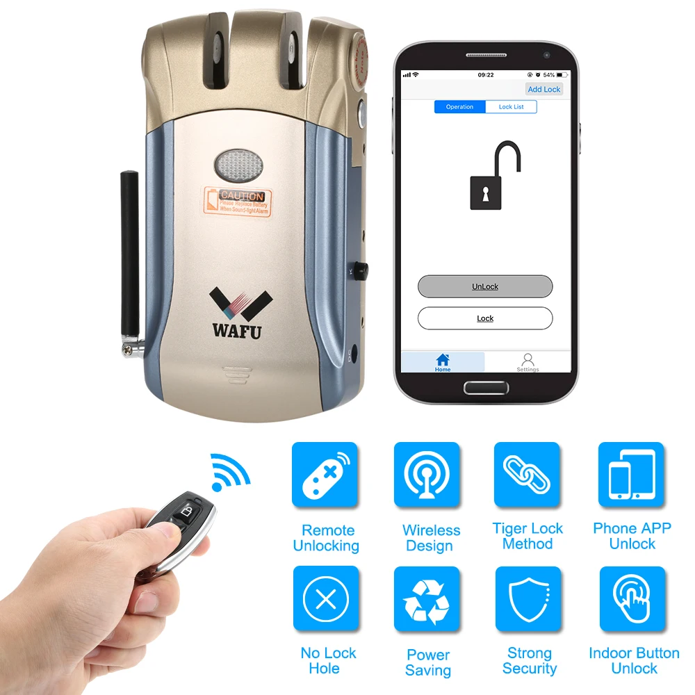 

WAFU WF-008U Remote Control Intelligent Electronic Lock Invisible Keyless Entry Door Lock APP Unlocking with 4Remote Controllers