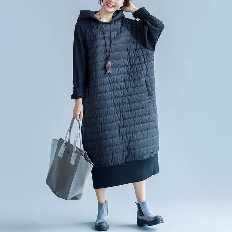 Johnature Women Black Dress Hooded Thick Warm Robe Patchwork 2018 Winter New Vintage Women Clothes Loose Brief Long Sleeve Dress Johnature Women Black Dress Hooded Thick Warm Robe Patchwork 2018 Winter New Vintage Women Clothes Loose Brief Long Sleeve Dress
