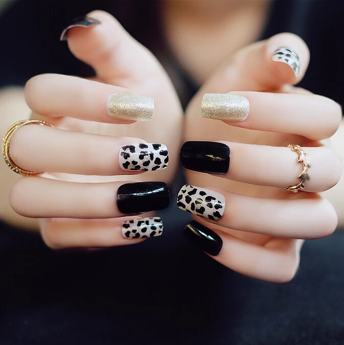 Steampunk Black Gold Leopard False Nails 24pcs Glue On Fingernails Fashion Party Club Beauty Fake Nail Art Tips Stickers Tools Sticker Wheel Stickers Focustool Hoe Aliexpress