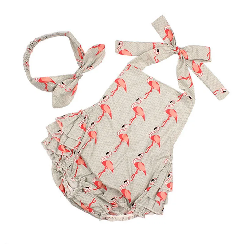 Flamingo Print Baby Girls Cotton Rompers and Headband 2pcs Sunsuit Kids Ruffles Jumpsuit Children Summer Beach Clothing (2)