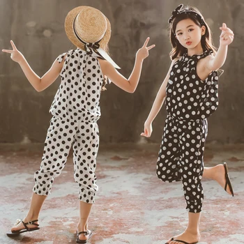 

Summer Hot Girls Clothes Sets Chiffon Dot Sleeveless Kids Outfits Clothing Casual Thin Beach Costume for 6 8 10 12 Years Vestido