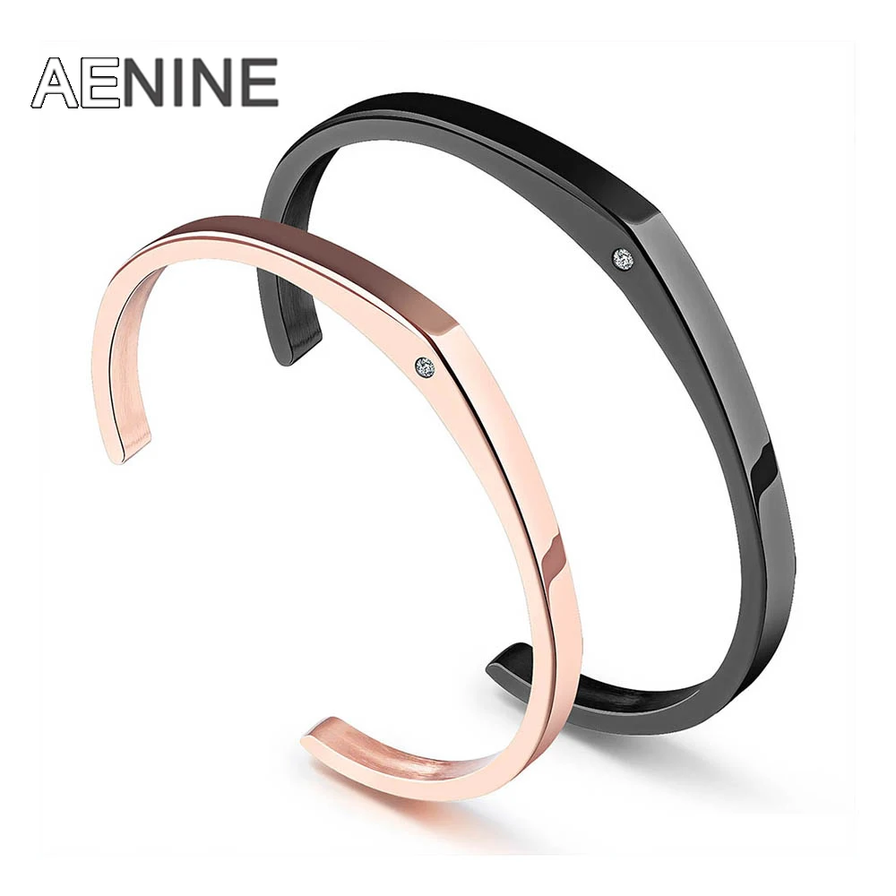 

AENINE Romantic Cubic Zirconia Couple Cuff Bangles For Lovers' Black/Rose Gold Color Stainless Steel Bracelets Pulseiras OGH843