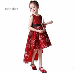 Ruthshen 2018 сладкая принцесса Высокий Низкий рукавов Платья с бантом и цветочным рисунком для девочек с поясом Дешевые Мода для Свадебная