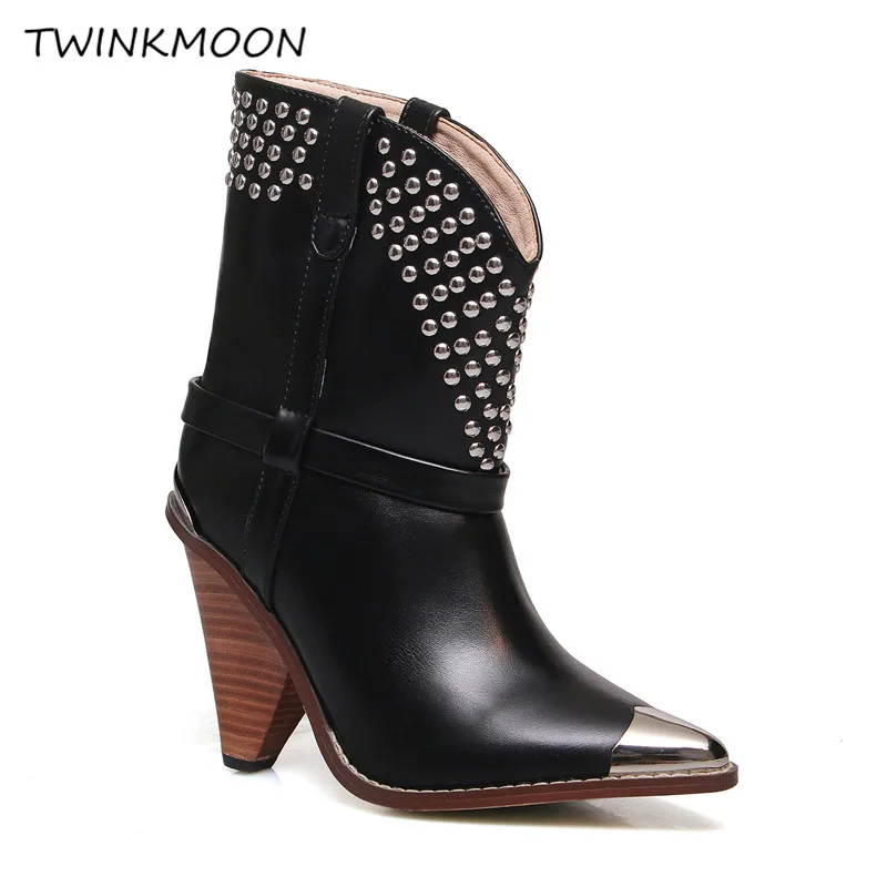 

Genuine Leather Boots Women Metal Toe Pointed Black White Spike Heel Snake Print Punk Sexy Motorcycle Boots 2019 Fall Autumn New