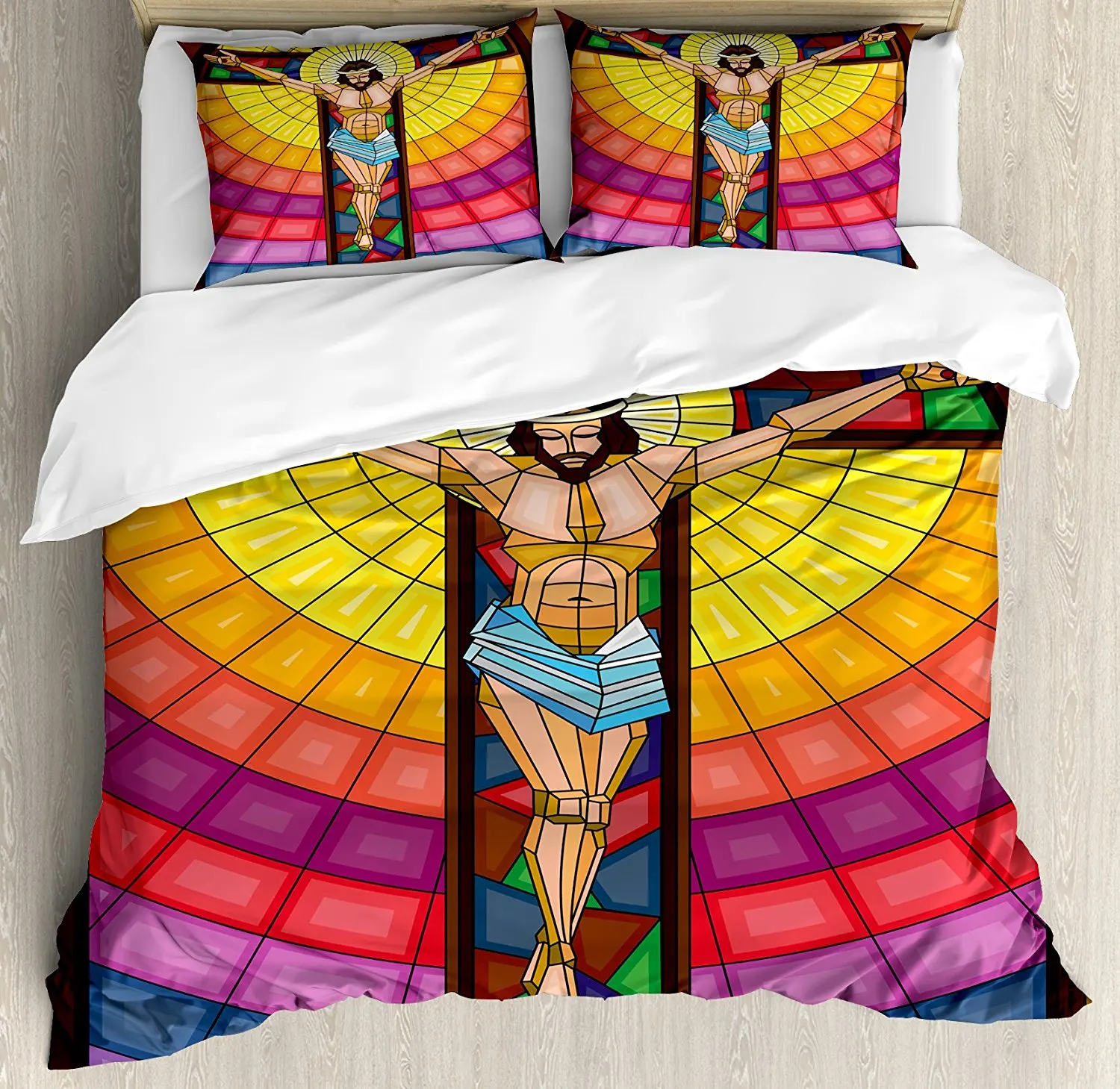 Religious Duvet Cover Set Stained Glass Style Colorful Illustration of