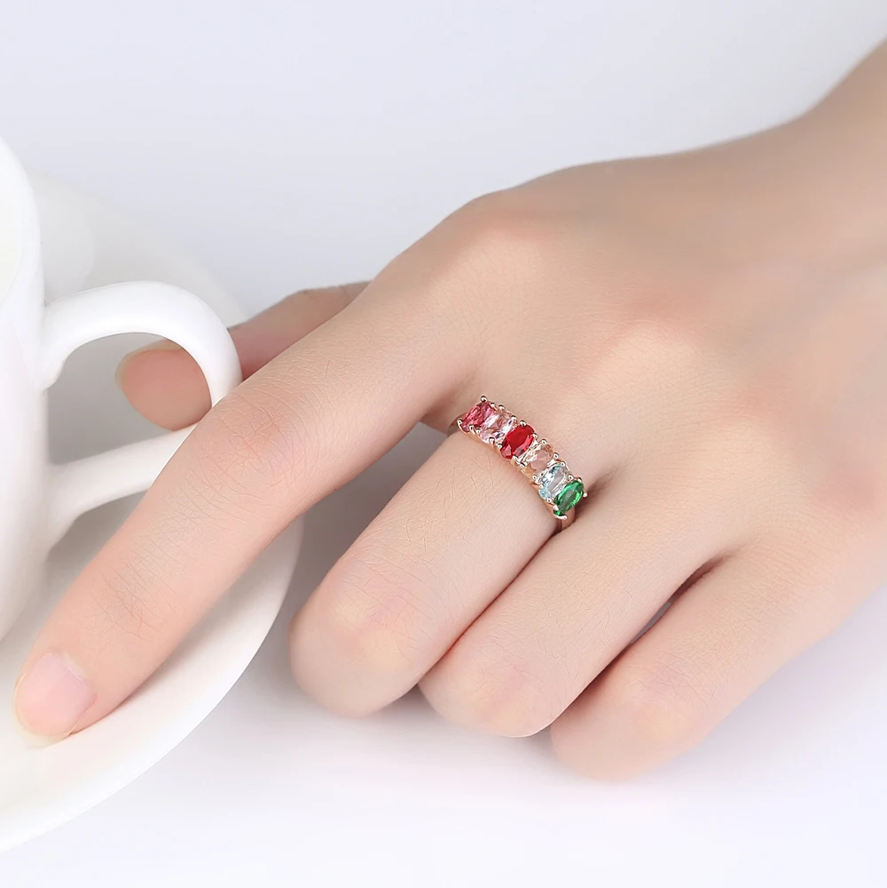 Радужный стиль изысканное кольцо Цветные Разноцветные вечность багет золотой перстень женский аксессуар женские ювелирные изделия