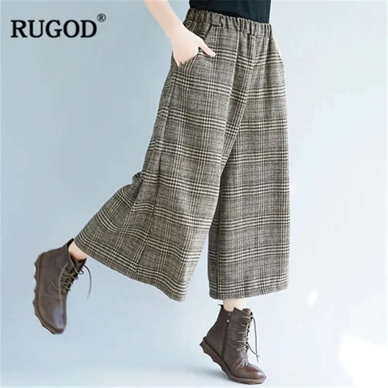 RUGOD 2019 Модные клетчатые женские брюки с высокой талией широкие повседневные