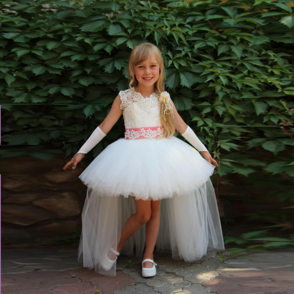 Unique High Low Flower Girl Dresses Gowns Beads Appliques Tutu Pageant Dresses For Wedding Tank Toddlers