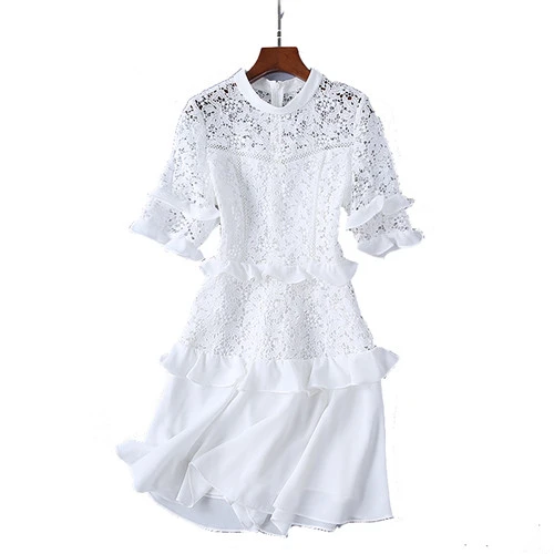 Ropa de marca italiana para mujer de alta cuello redondo media manga vestidos de encaje blanco sólido elegante patchwork vestido soluble en agua|Vestidos| AliExpress