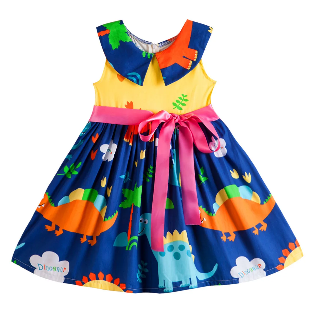 

5PCS Korean Summer Beach Girl Dresses 2-8T Cotton Sleeveless Cartoon Graffiti Dragon Stitching Birthday Christmas Holiday Gift