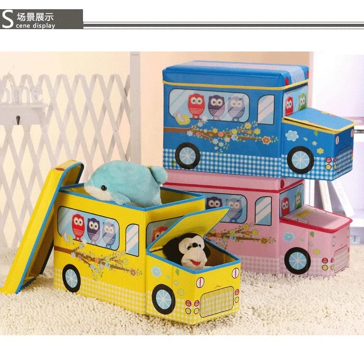 Patrón de dibujos animados de almacenamiento de juguetes Portátil plegable Caja de almacenamiento en forma de coche Almacenamiento Taburete Niños Plegable Organizador de almacenamiento de juguetes