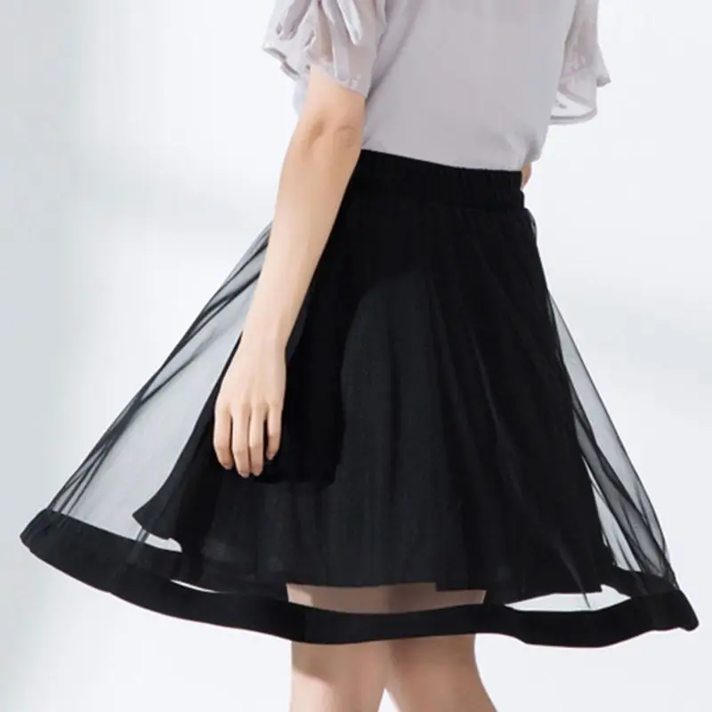 

Womens Summer High Waist Pleated Swing Knee Length Tutu Skirt Sheer Mesh Patchwork Solid Black Color Lined Dance Party Petticoat