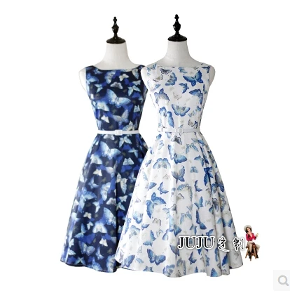 

2016 New Europe And America Summer Audrey Hepburn 50s 60s Vintage Butterfly Print Sleeveless A-Line Lolita Mini Woman Dress