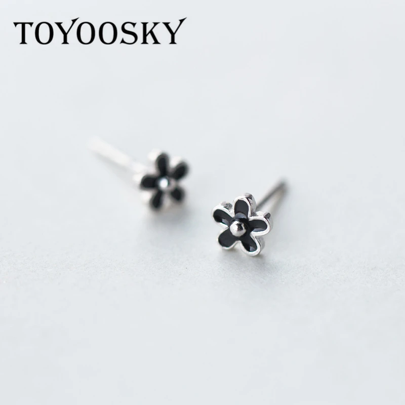 

TOYOOSKY 2017 New Hot 100% 925 Sterling Silver Jewelry Women's Fashion Tiny Cute Black White Glaze Flower Stud Earrings