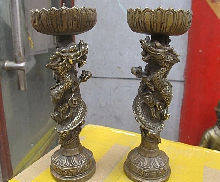 

Chinese Royal fengshui Dragon Paly Bead Candlestick Bronze Candle Holder Pair