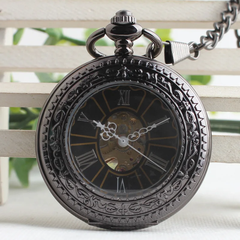 

Black Hollow Vintage Semi Automatic Skeleton Mechanical Pocket Watch Chain Mens Gifts TJX100